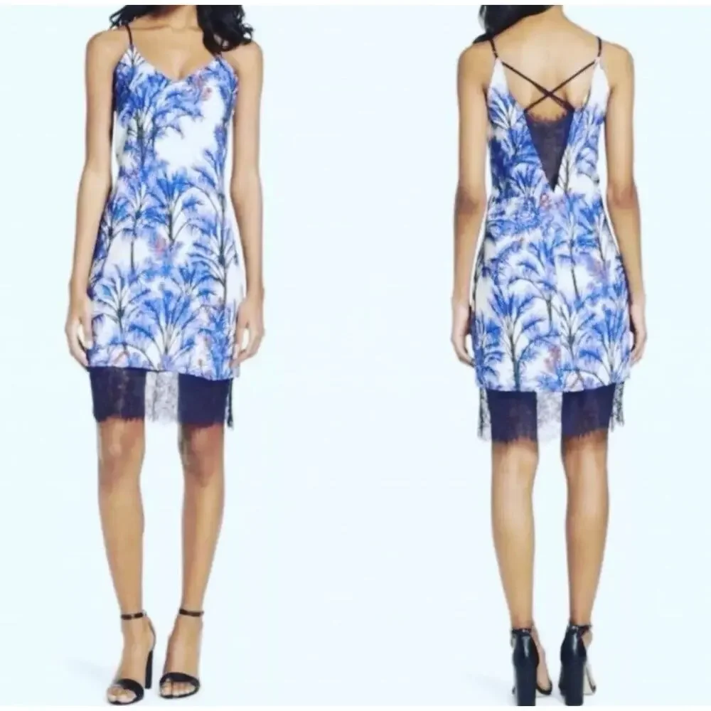 Adelyn Rae Nevina Palm Print Lace Slip Dress Size S Blue White V-Neck Sleeveless